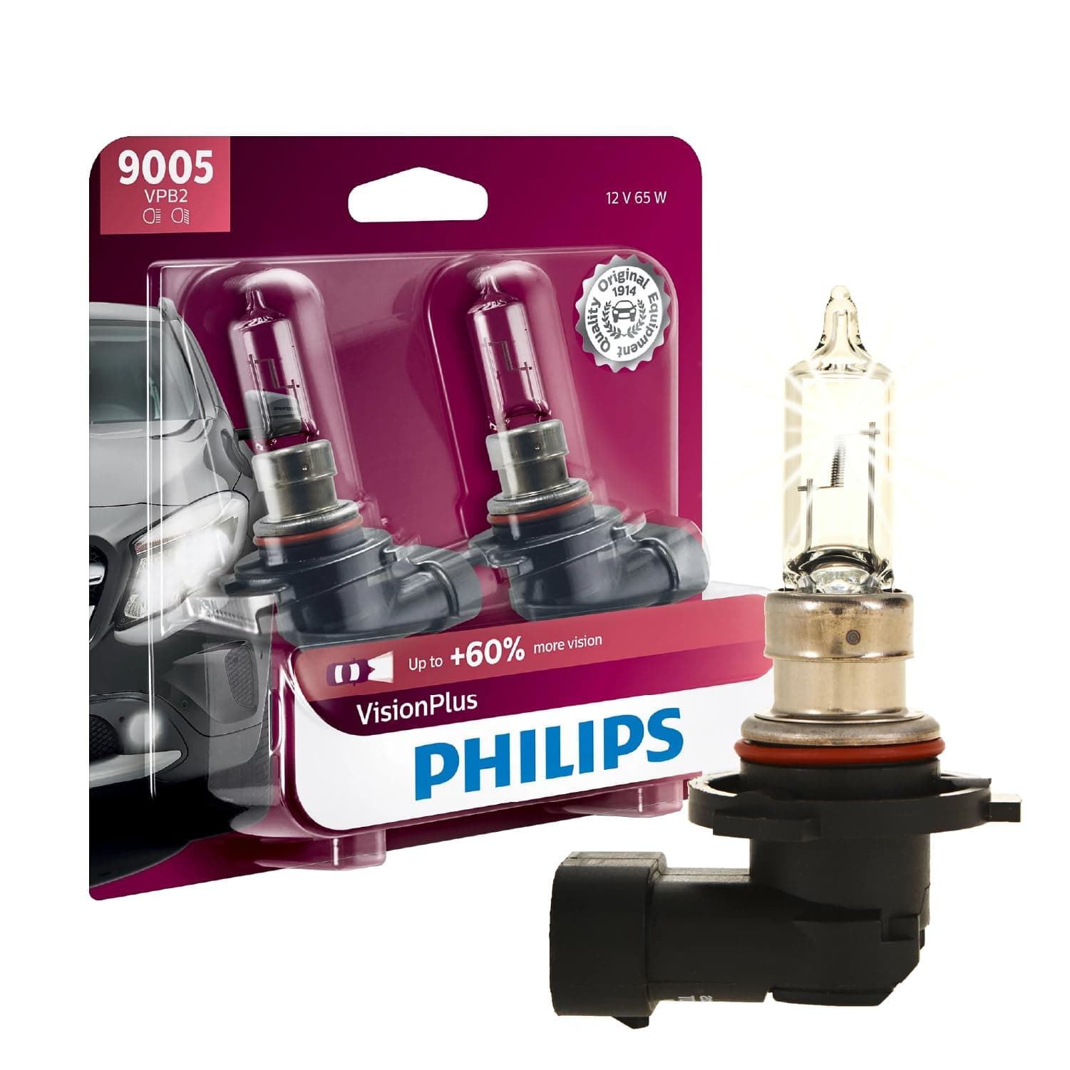 Philips Automotive Lighting 9005 Visionplus Upgrade Halogen Headlight Bulb, Pack Of 2, Black