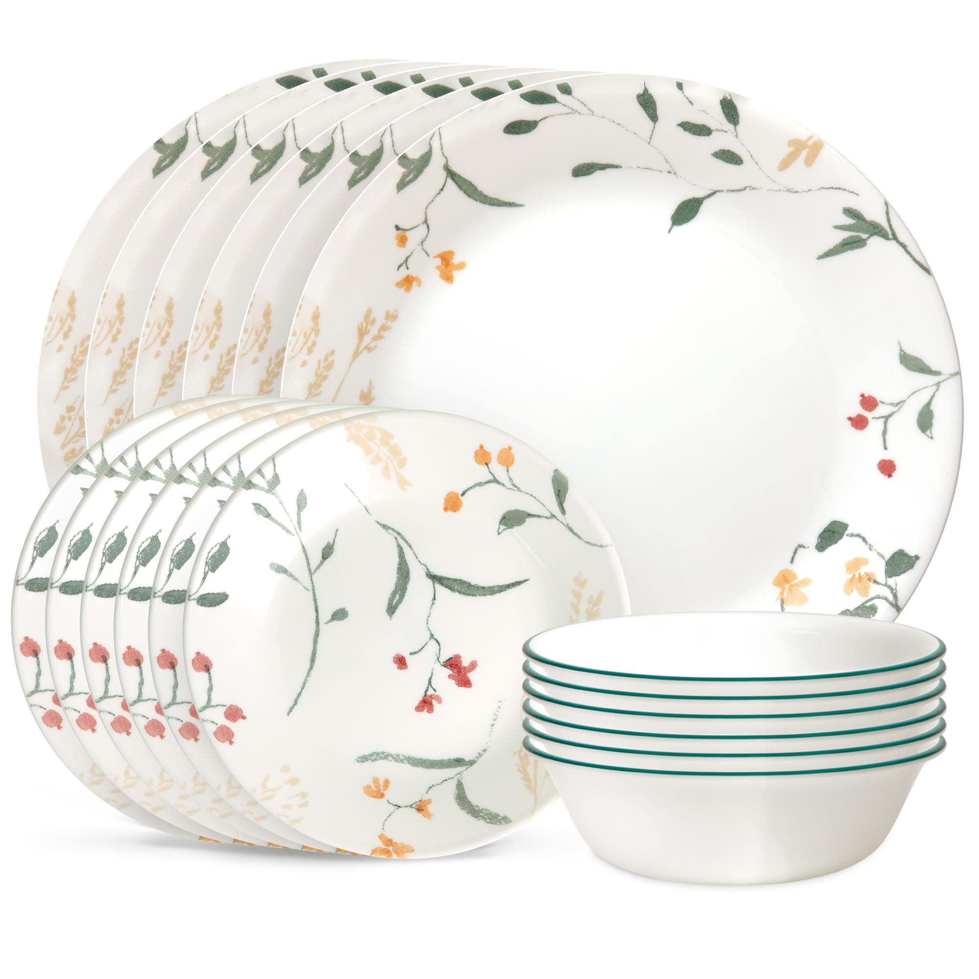 Corelle Vitrelle 18 Piece Glass Dinnerware Sets Service for 6, Triple Layer Chip & Crack Resistant Glass Plate and Bowl Sets, Wildflower