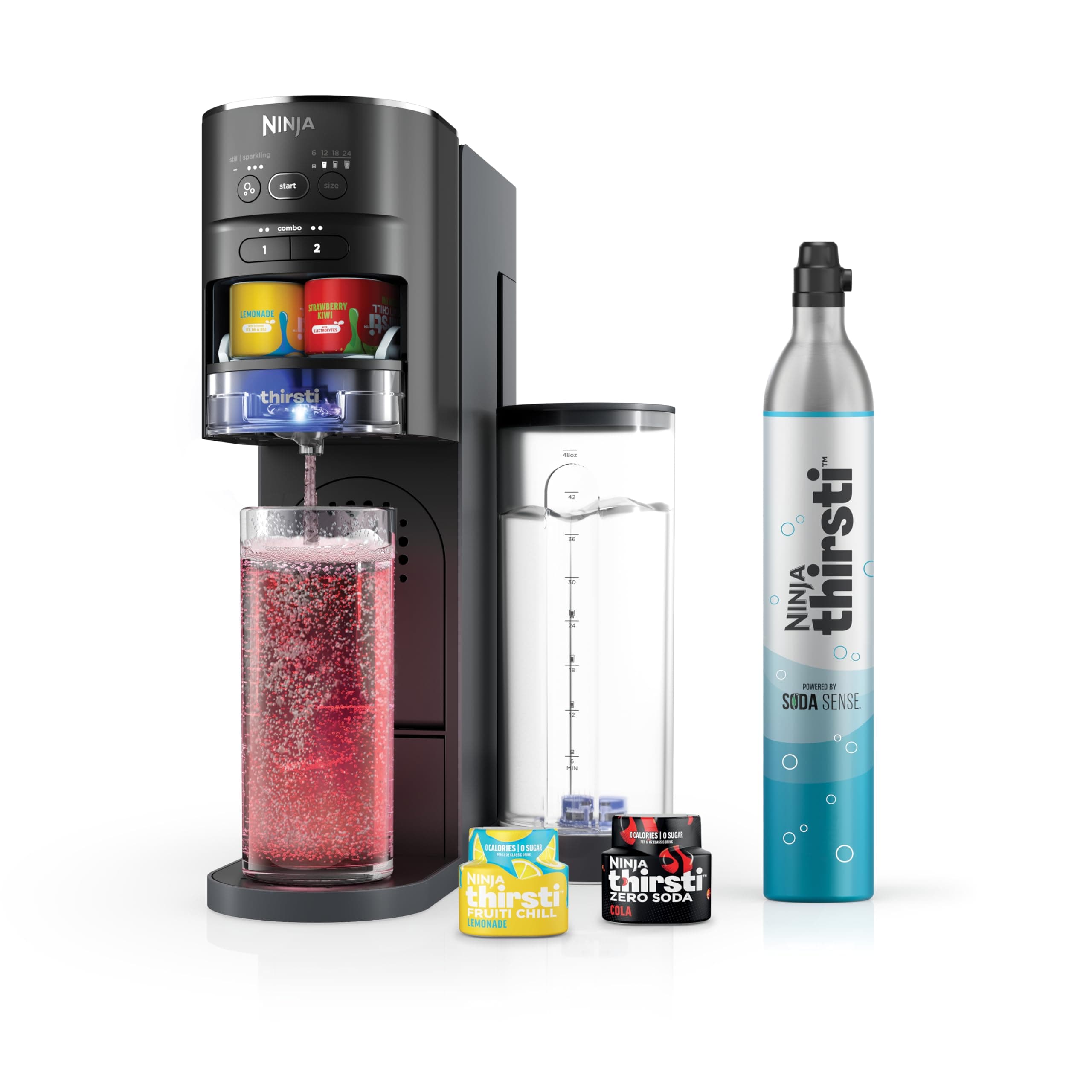 Ninja Thirsti Drink System, Soda Maker, Create Unique Sparkling & Still Drinks, Personalize Size & Flavor, Carbonated Water Machine, 60L CO2 Cylinder & Variety of Flavored Water Drops, Black WC1001