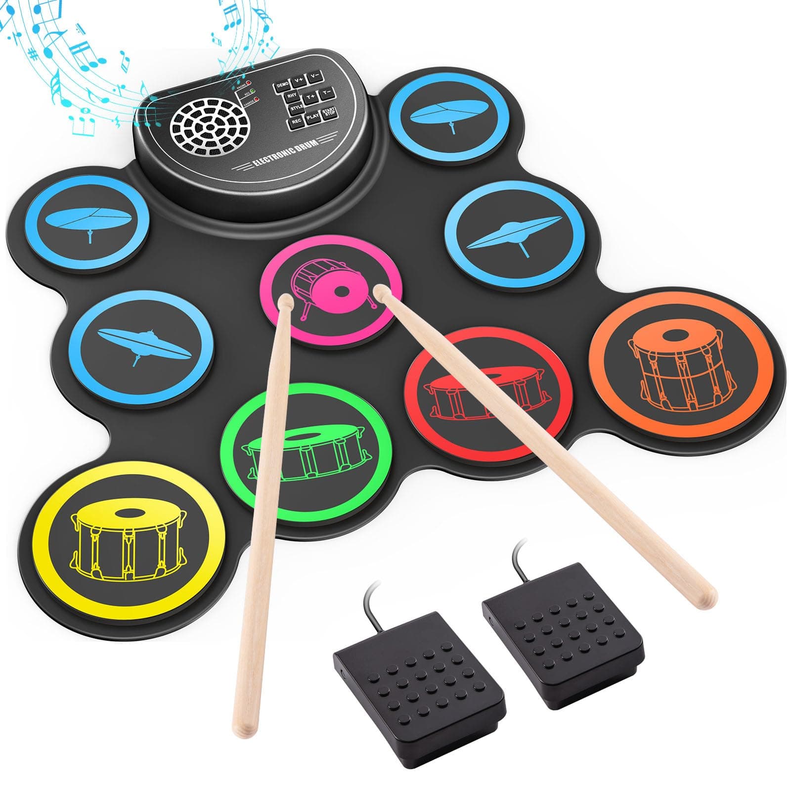 Electronic Drum Set, 9-Drum Practice Pad with Headphone Jack, Roll-up Drum Kit Machine with Built-in Speaker Drum Pedals and Sticks 10 Hours Playtime, Great Christmas for Kids