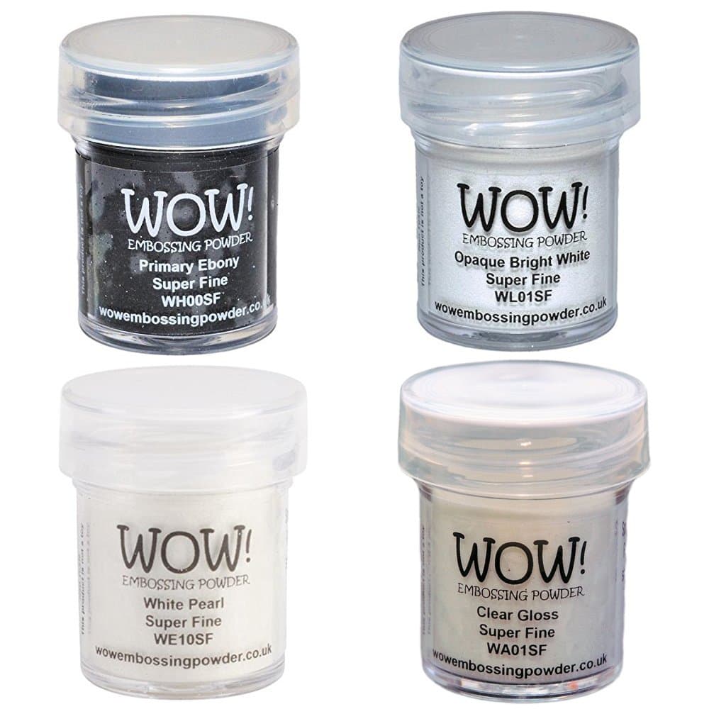 Wow! Embossing Powder Black and White Bundle: Primary Ebony, Opaque Bright White, White Pearl, Clear Gloss, 15ML