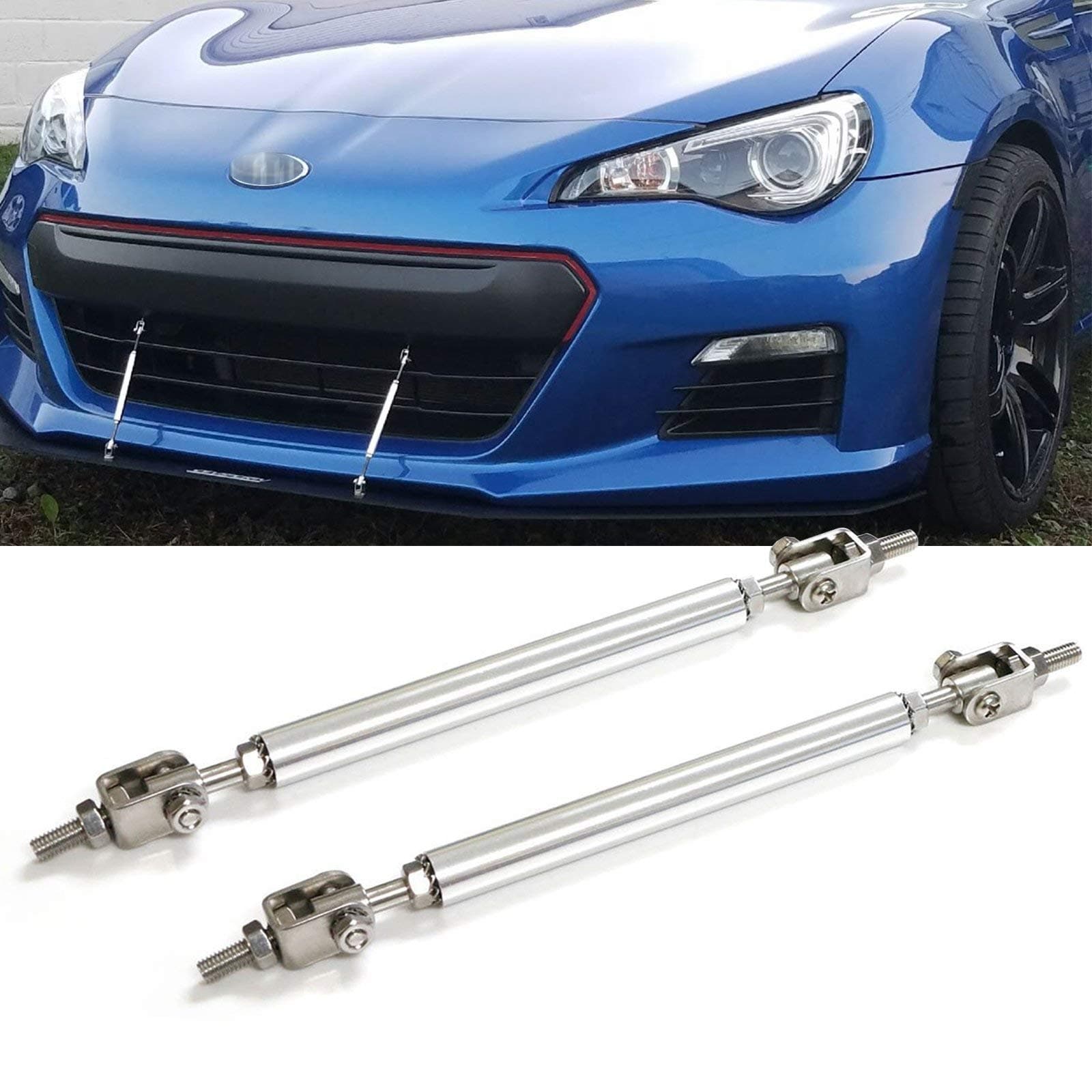 Xotic Tech 2pc Adjustable 10"-13" Front Bumper Lip Splitter Diffuser Strut Rod Tie Bars Compatible with Most Vehicles [Silver]