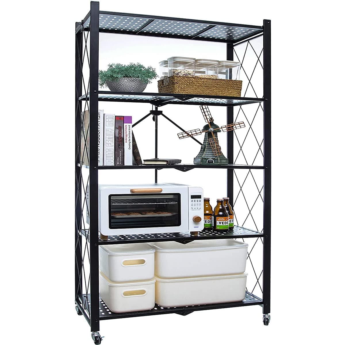 SHOWAY 5 Tier Storage Shelves for Kitchen Foldable Storage Shelf Rack, No Assembly Storage Shelving on Wheels for Kitchen Rolling Cart, Garage Bathroom Organizer, Book Shelving Unit - Black