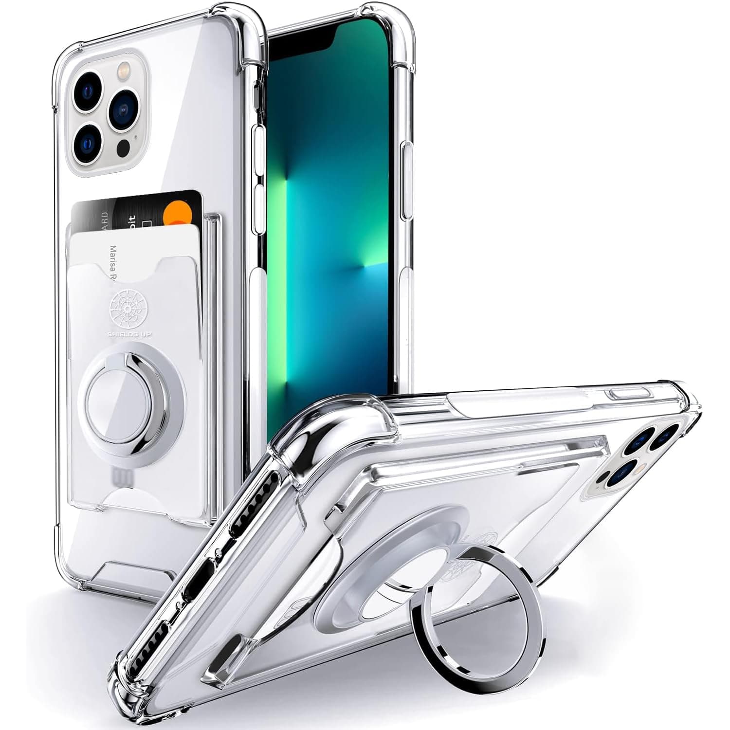 Shields Up Designed for iPhone 13 Pro Case, Minimalist Wallet Case with Card Holder [3 Cards] & Ring Kickstand/Stand, [Drop Protection] Slim Protective Cover for Apple iPhone 13 Pro (6.1 inch), Clear
