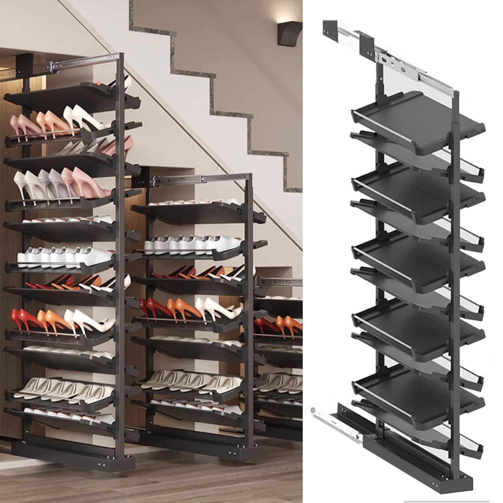 Pull-Out Shoe Rack Organizer for Closet Shoe Cabinet,Adjustable Height Retractable Metal Stackable Shoe Rack, Vertical Shelf Organizer for Small Bedroom Closet, Space Saving Storage, Black(43cm,10 Tie