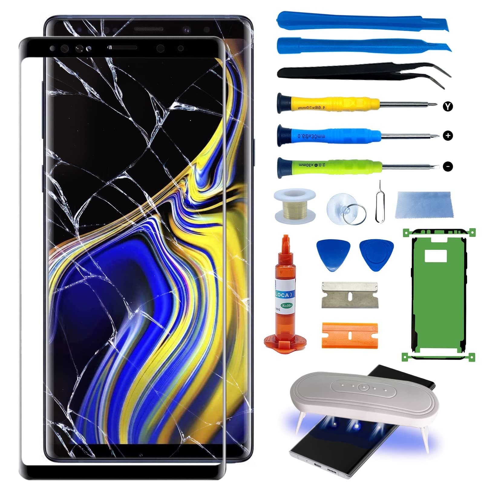 Original Samsung Galaxy Note 9 Screen Replacement 6.4 inch Front Outer Glass Lens Screen Repair Kit incl Waterpoof Frame Adhesive,Repair Glue and Lamp Tool Kit(No Digitizer,No LCD) N960U Series
