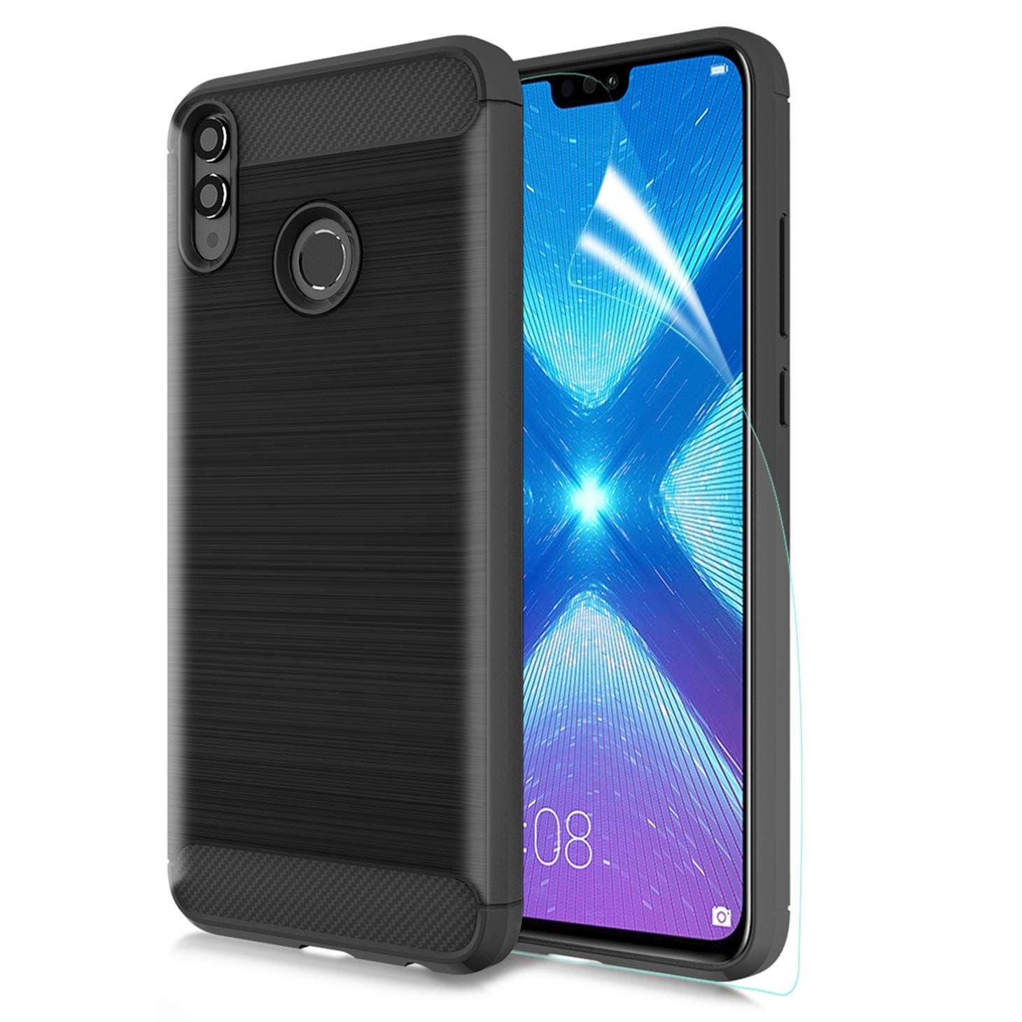 Honor 8X Case W/HD Screen Protector Carbon Fiber Soft TPU Brushed Texture Elastic Full-Body Rubber Heavy Duty Protective case, Black