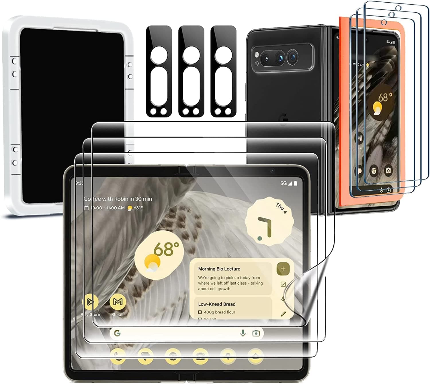 [9-in-1] Milomdoi for Goole Pixel Fold 5G Screen Protector [3 Pack Inside and 3 Pack Front] With 3 Pack Tempered Glass Camera Lens Protector with Mounting Positioner Accessories No bubbles