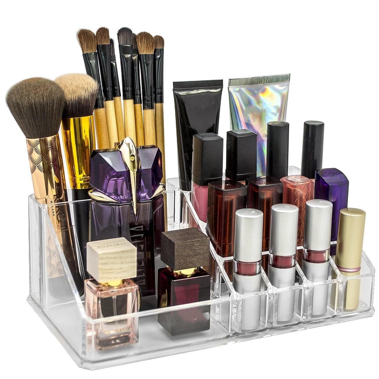Plastic 16 Compartment Cosmetic Display Cases Makeup Lipstick Storage Organizer Holder Box Case,Transparent (22L x 12.2W x 7.5H)