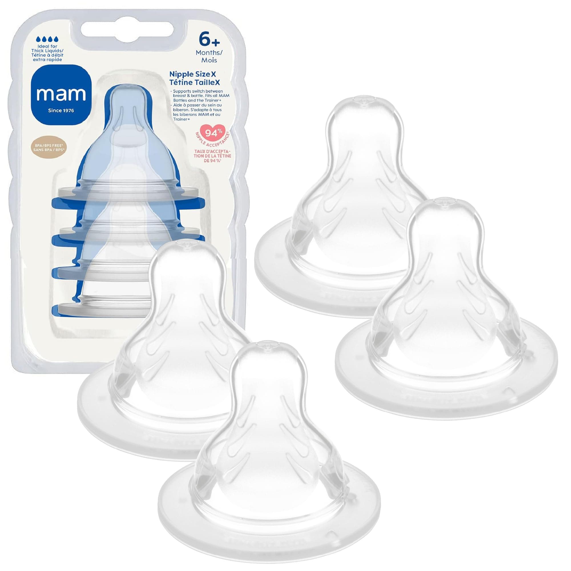 Bottle Nipples Extra Fast Flow Nipple Level 4, for 6+ Months, SkinSoft Silicone Nipples for Baby Bottles, Fits All MAM Bottles, 4 Pack