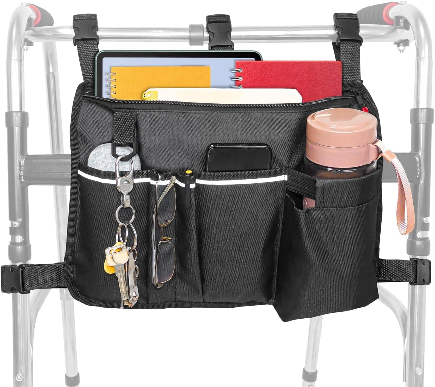 Large Walker Bag with Water Cup Holder,Walker Basket,Foldable Walker Storage Bag,Side Walker Bag,Walker Side Access Bag Organizer Pouch Tote,Scooters or Rollator Walkers (Large)