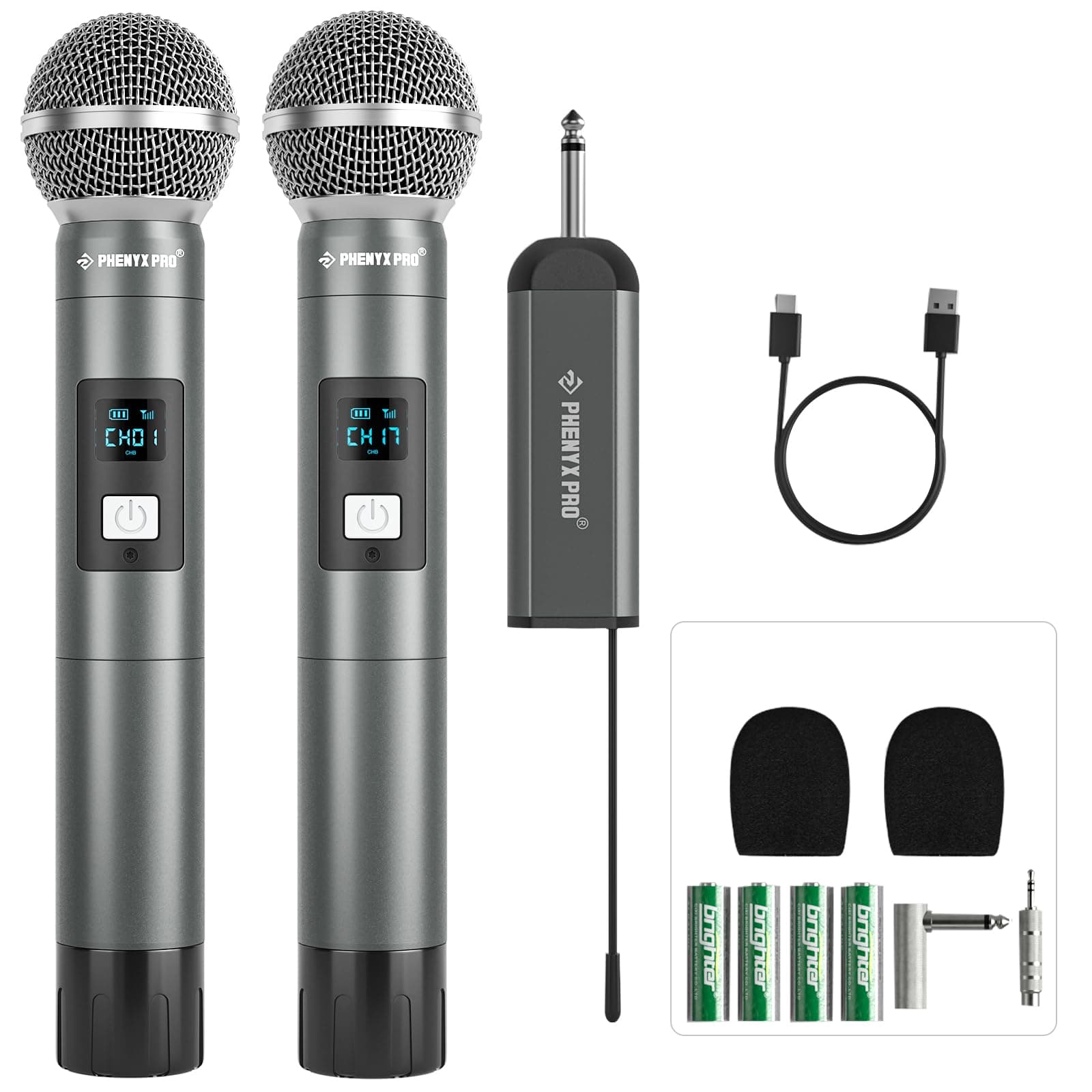 Phenyx Pro Dual Digital Wireless Microphone System, w/2 Handheld Dynamic Microphones,15 UHF Frequency Groups, Mini Receiver, Metal Cordless Mic for Karaoke,Church,DJ,Singing (PDP-2-2H)