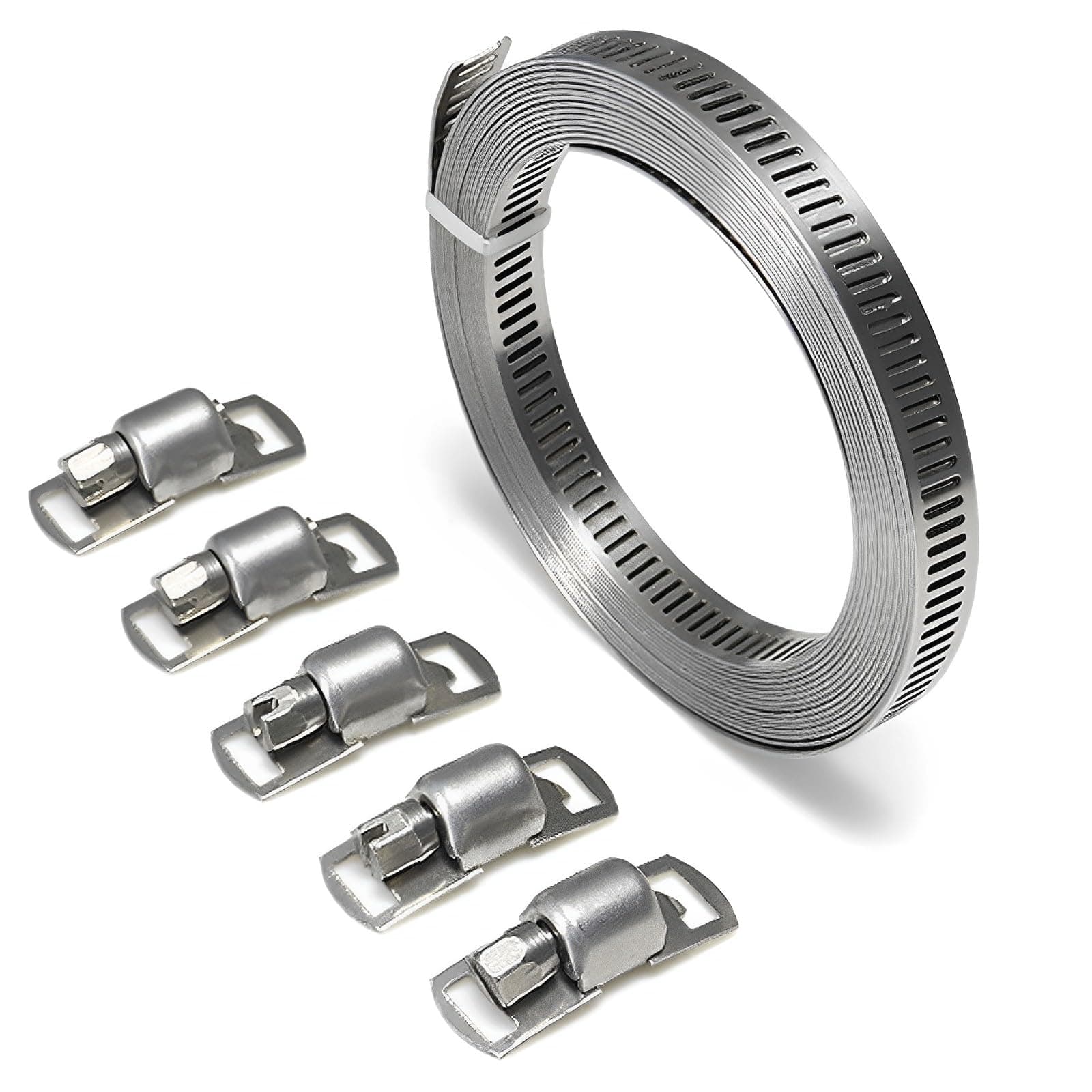 Jubilee Clips, 2m/6.6ft Adjustable Large Jubilee Clips Assorted with 5 Pcs Fasteners, DIY Large Hose Clamps, Adjustable Pipe Clamps Worm for Home Gas Pipe, Fuel Line, Exhaust Ducting, Plumbing