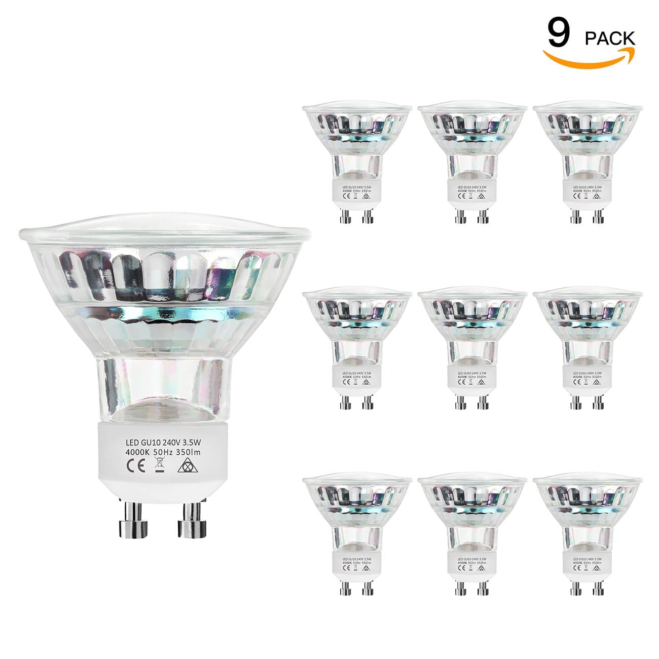 WINSEE 9 Pack GU10 LED Light Bulbs, 50W Halogen Bulbs Equivalent, 4000K Daylight White Spotlight, MR16 3.5W, 350Lm, 120 Degree Beam Angle, Non-Dimmable, Built-in Lighting [Energy Class A+]