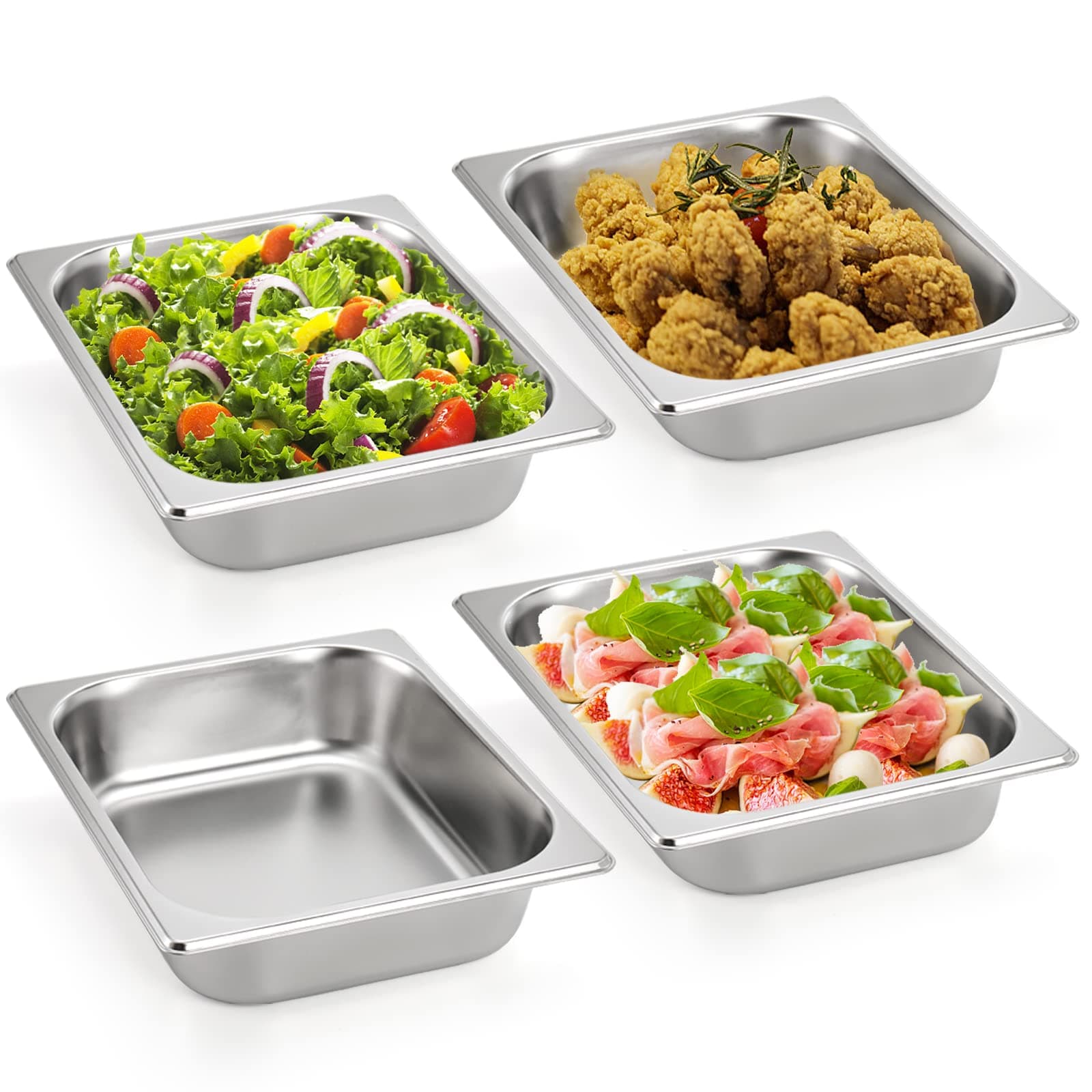TOPZEA 4 Pack Hotel Pans Half Size, 2.5" Deep 1/2 Size Stainless Steel Steam Table Pan Buffet Catering Food Pan, Warmer Breading Tray Batter Pans for Hotel, Party Catering Supplies