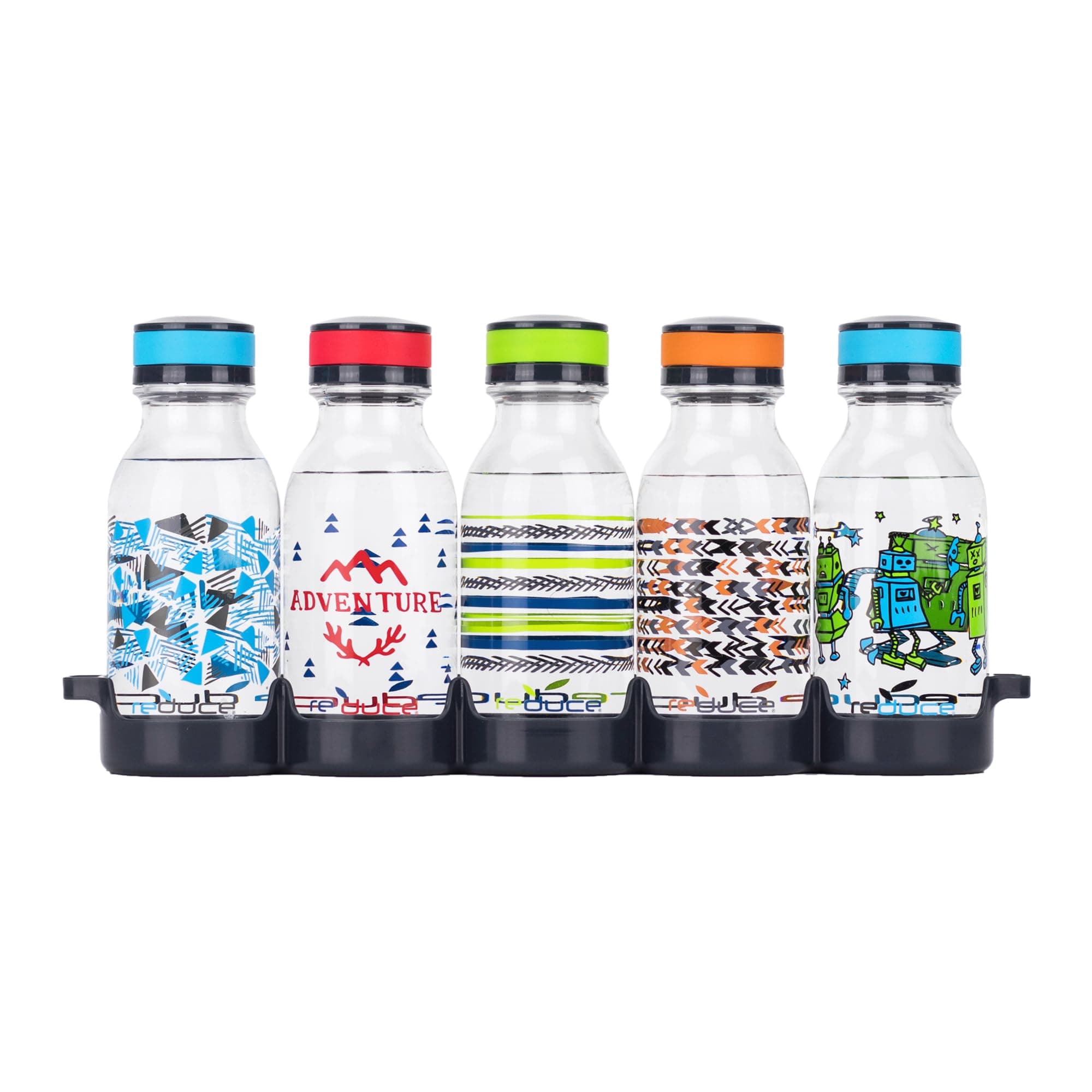 REDUCE WaterWeek Refillable Water Bottles, 14 oz - Includes 5 WaterWeek Leak Proof Tritan Reusable Water Bottles - Includes Fridge Tray For Your Water Bottles - Adventure