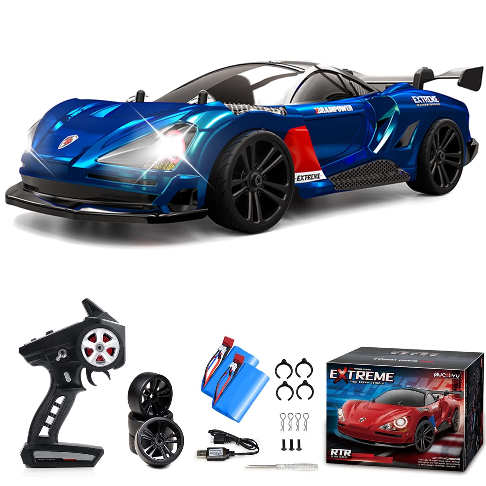 Rc Drift Car, 1:16 Drifting Car Remote Control Rechargeable High Speed Cars Toys 4Wd 2.4Ghz Full Scale Blue Racing With Led Lights Two Batteries For Boys And Adults