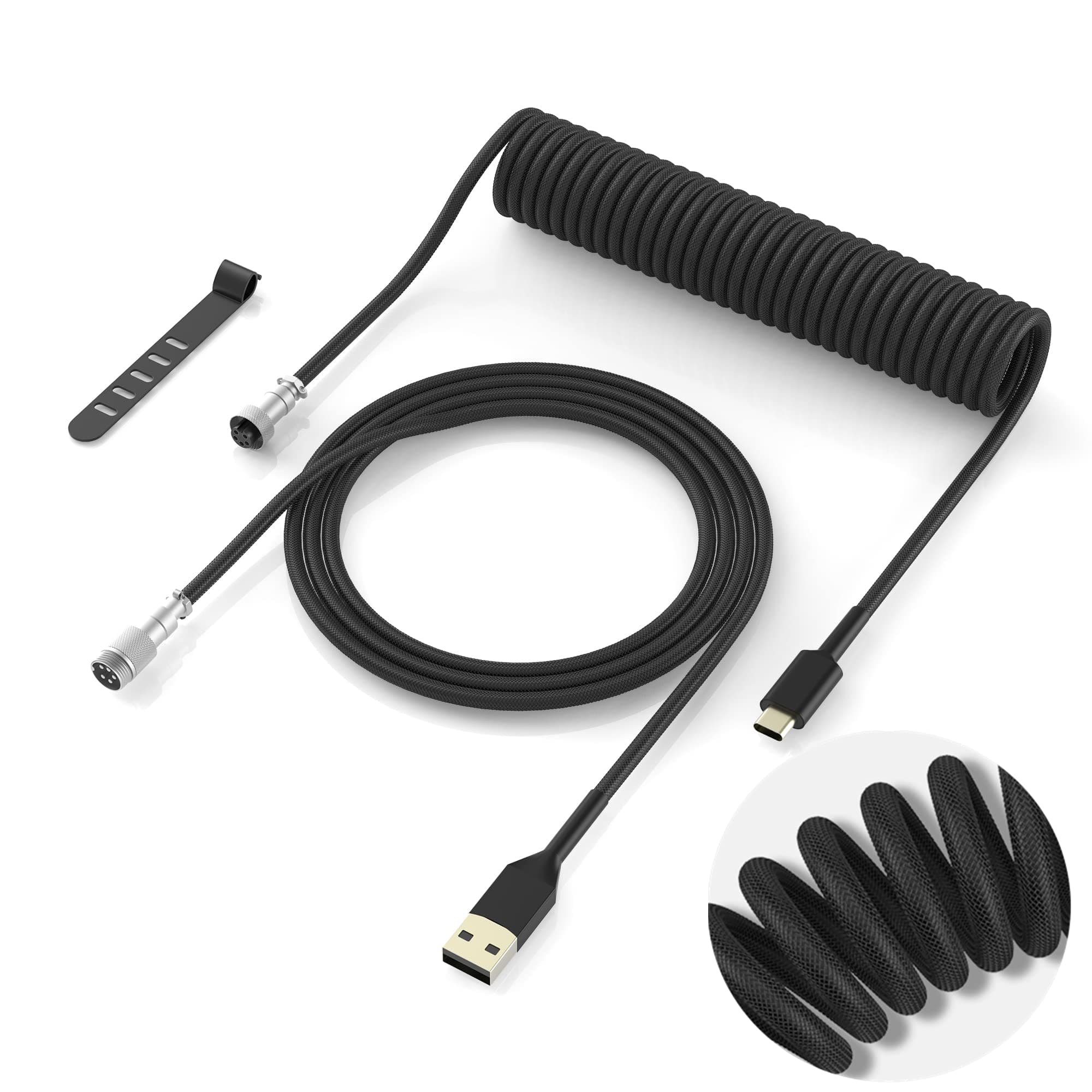 Womier Coiled Keyboard Cable - Detachable Aviator Coiled Cable for Mechanical Gaming Keyboard, Type C to USB A Mix 5.9in for Gaming Keyboard and Cellphone, Black