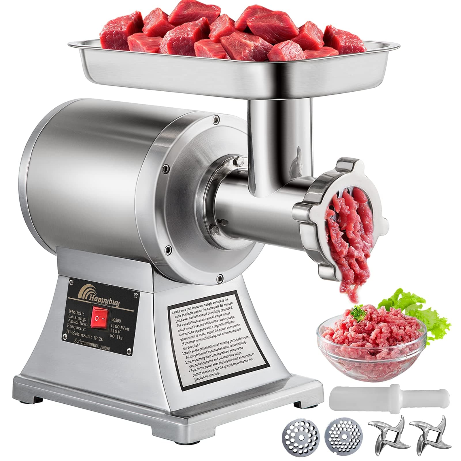 Happybuy Commercial Meat Grinder,550LB/h 1100W, 220 RPM Heavy Duty Stainless Steel Industrial Meat Mincer w/2 Blades, Grinding Plates & Meat Pusher