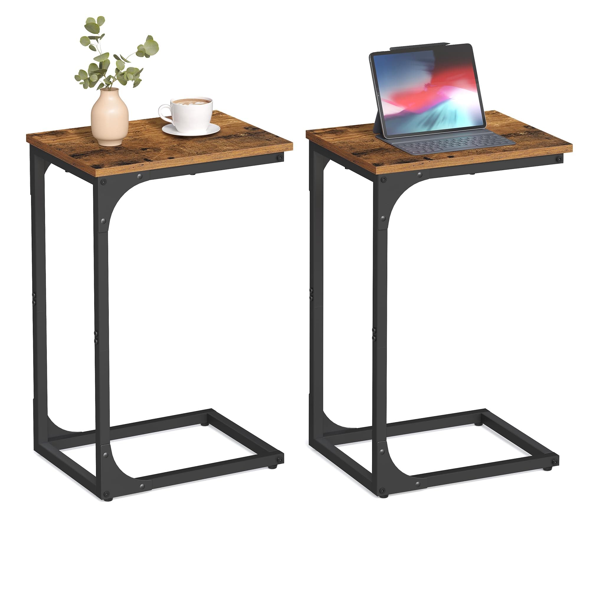 C-Shaped End Table Set of 2, Small Side Table for Couch, Sofa Table with Metal Frame for Living Room, Bedroom, Bedside, Rustic Brown and Black