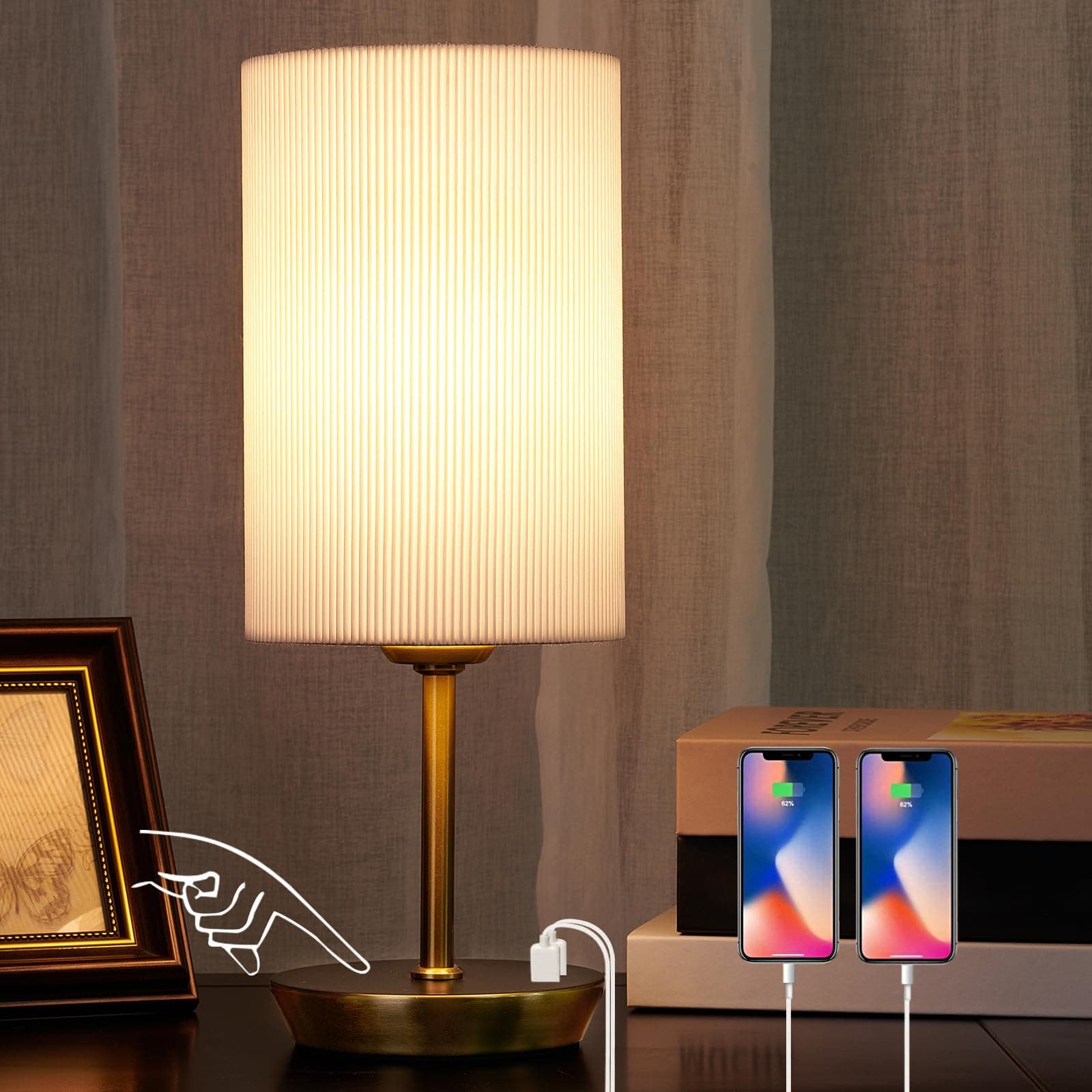 JIAWEN Touch Bedside Lamps, Dimmable Table Lamp with 2 USB Charging Ports, Modern Bedside Table Lamp with White Shade for Nightstand, Bedroom, Living Room, Dinning Room, Desk (Bulb Included)