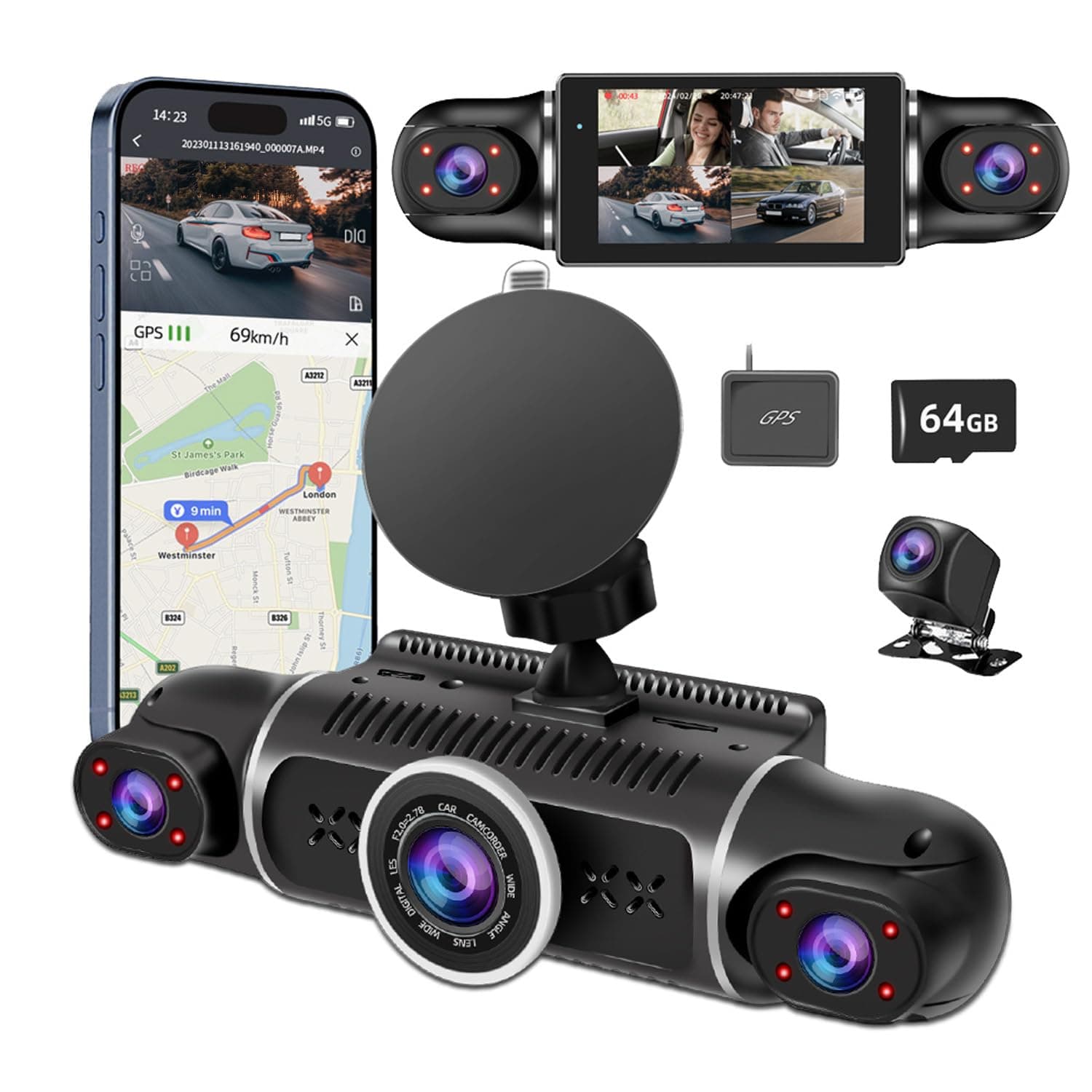 360° Dash Cam Front and Rear View 4 Channel Dash Camera FHD 2K+1080Px3 for Car, Inside/Back 170°+2x150°+170° Wide Angle, 8 IR Lamps Night Vision,WiFi,GPS, APP,G-Sensor with 64GB Card,24/7 Parking Mode