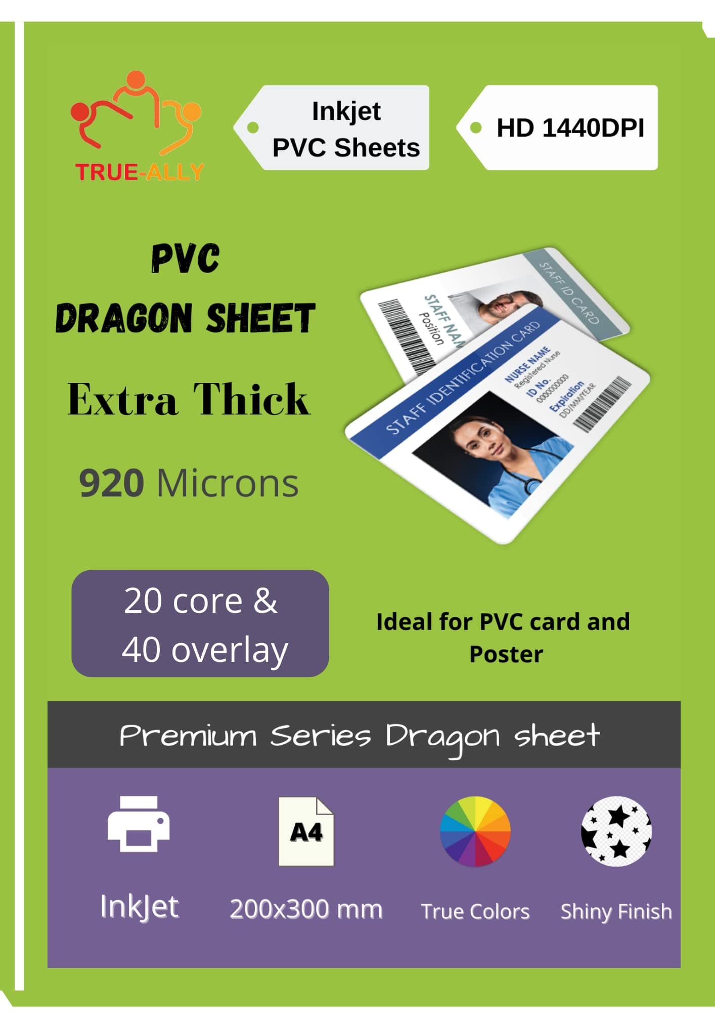 True-Ally Premium Extra thick PVC Lamination Dragon Sheet A4 Size 920 Micron for PVC Aadhar, Photos, ID card (Set of 20 Cores and 40 Overlays)