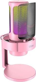 FIFINE USB Streaming Gaming Microphone, PC Condenser Desktop Mic for Video, Home use, YouTube, with RGB Control, Gain Knob, 3.5mm Headphone Jack, Shock Mount, on Computer/PS4/PS5-AmpliGame A8 Pink