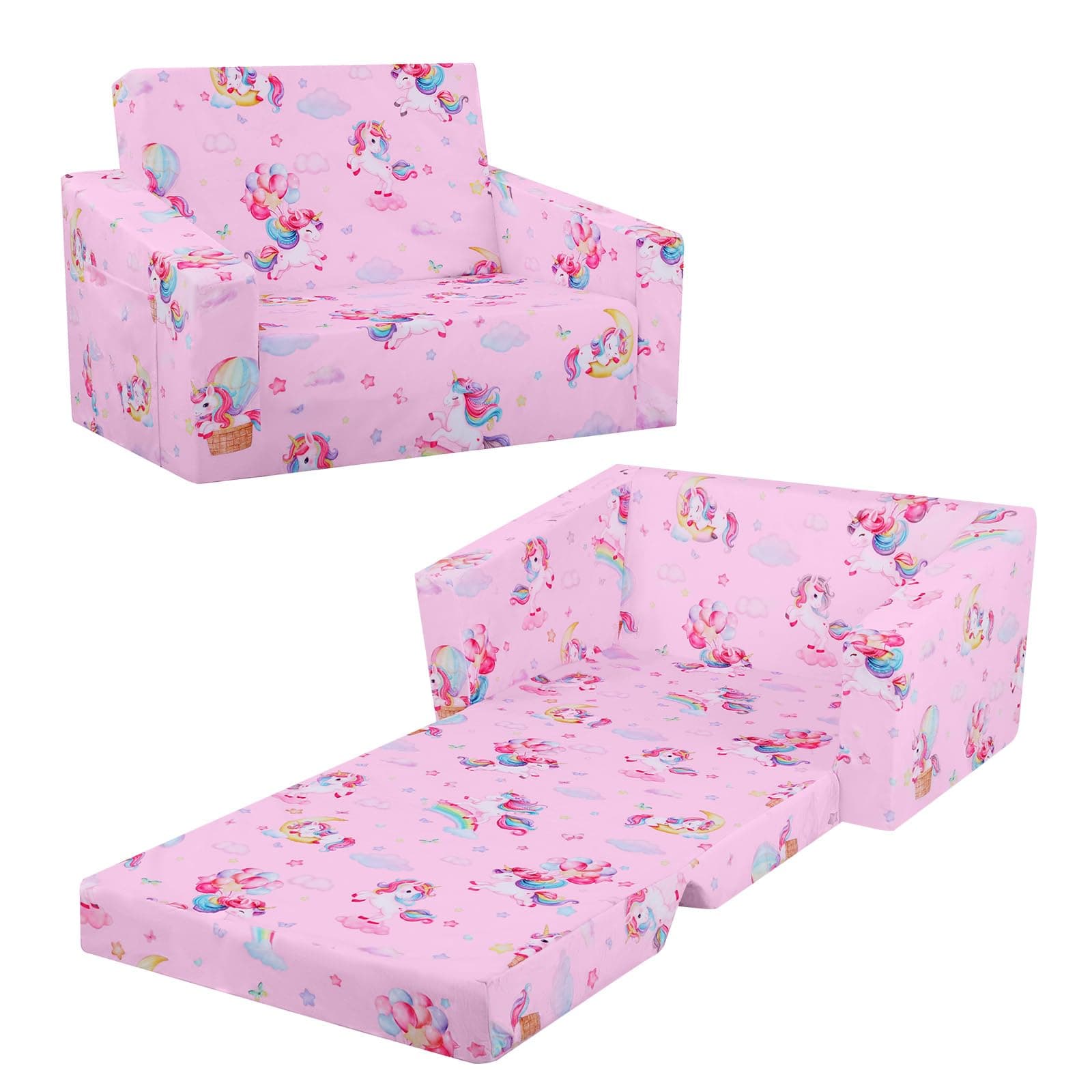 decalsweet Foldable Kids Sofa Couch 2 in 1 Children Convertible Sofa to Lounger Flip Open Toddlers Sofa Bed,Extra Wide Soft Lightweight for Bedroom Livingroom Playroom