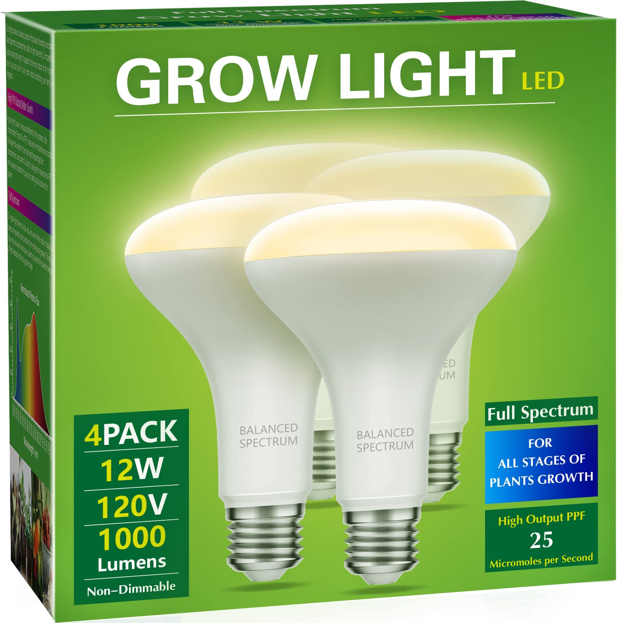 4 Pack LED Grow Light Bulb, BR30 Grow Light Bulbs, Full Spectrum Grow Light Bulb 12W, 120W Equivalent, E26 Plant Light Bulbs, Grow Light for Indoor Plants, Seedlings, Greenhouse