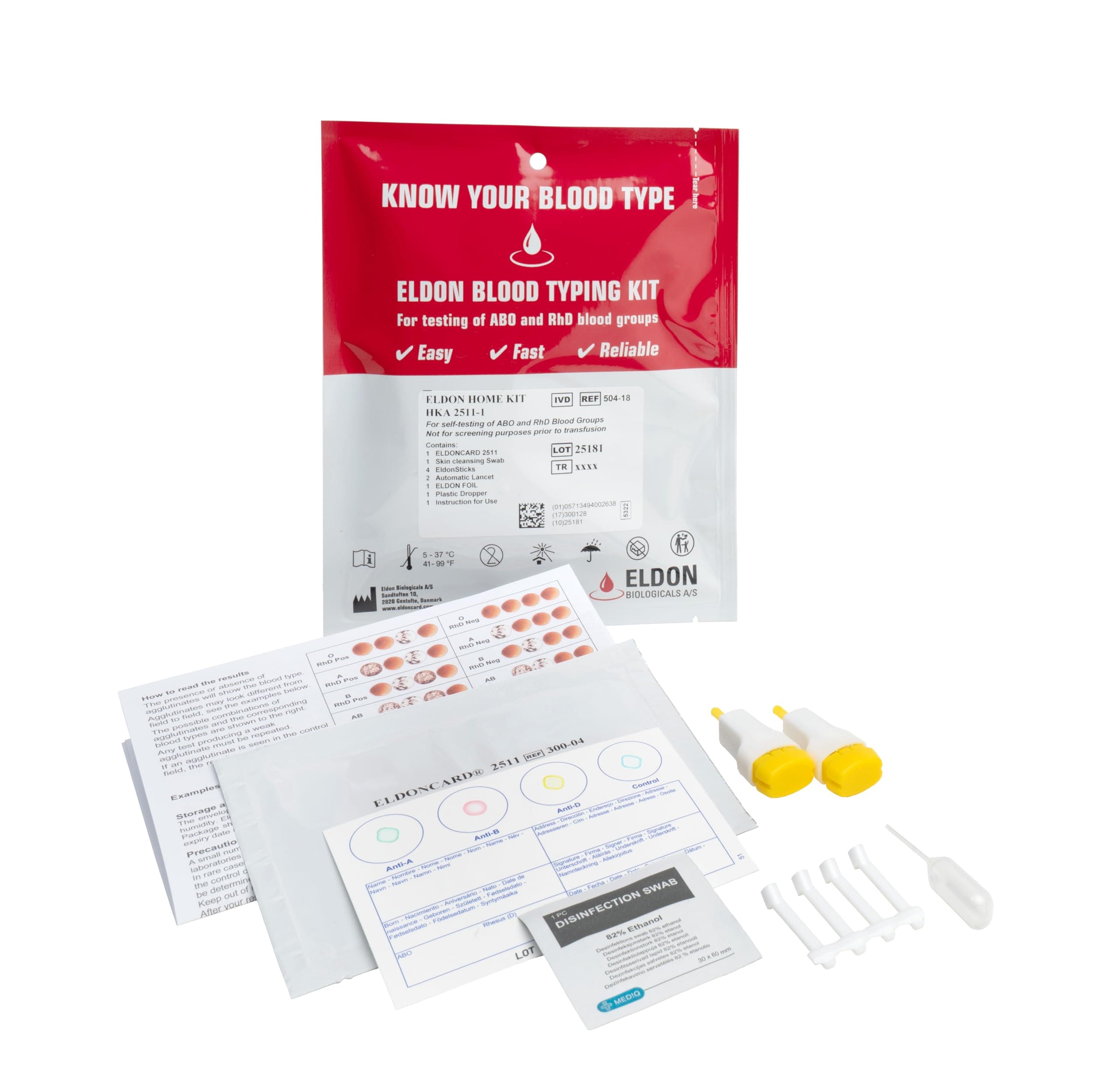 Eldoncard INC Blood Type Test (Complete KIT) - Find Out if You are A, B, O, AB & RH- Results in Minutes - Air Sealed Envelope, Safety Lancet, Micropipette, Cleansing Swab - 1 Pack