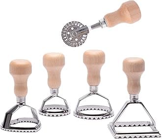 MASTER FENG Ravioli Stamp Maker Cutter with Roller Wheel Set, Mold with Wooden Handle and Fluted Edge, Pasta Press Kitchen Attachment (5 Set with Cutter)
