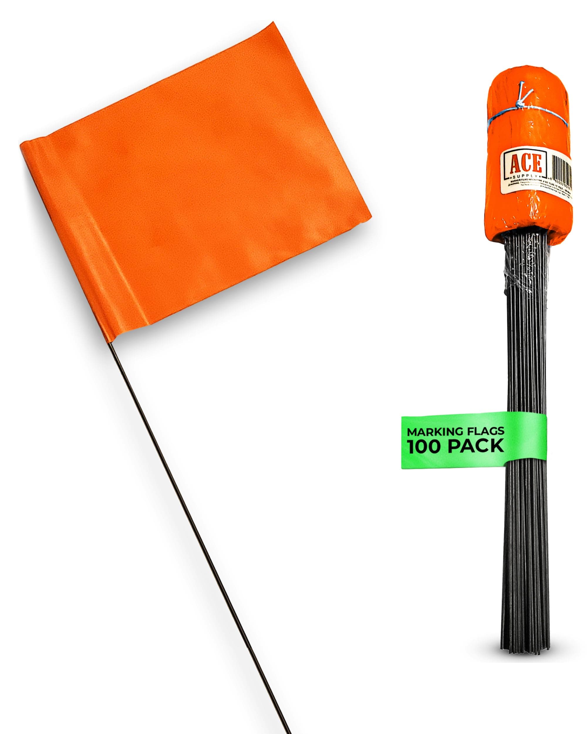 ACE Supply Marking Flags 4 x 5 inch Flags 15 Inch Steel Wire Fluorescent Orange Pack of 100 for Lawn Sprinkler Irrigation Residential Area Boundary Garden Survey Stake Invisible Fence