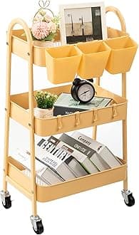 danpinera 3-Tier Rolling Cart, Utility Cart Mobile Metal Rolling Storage Cart with Lockable Wheels & Hanging Cups & Hooks for Kitchen, Bathroom, Office, Workshop, Yellow