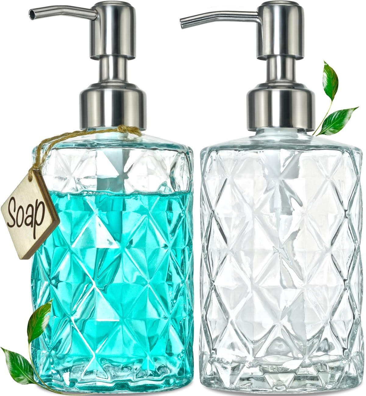 2Pack Diamond Embossed Glass Soap Dispenser with 304 Rustproof Stainless Steel Pump, 12 OZ Bathroom soap Dispenser with A Wooden Tag, Elegant Hand Soap Dispenser for Bathroom & Kitchen
