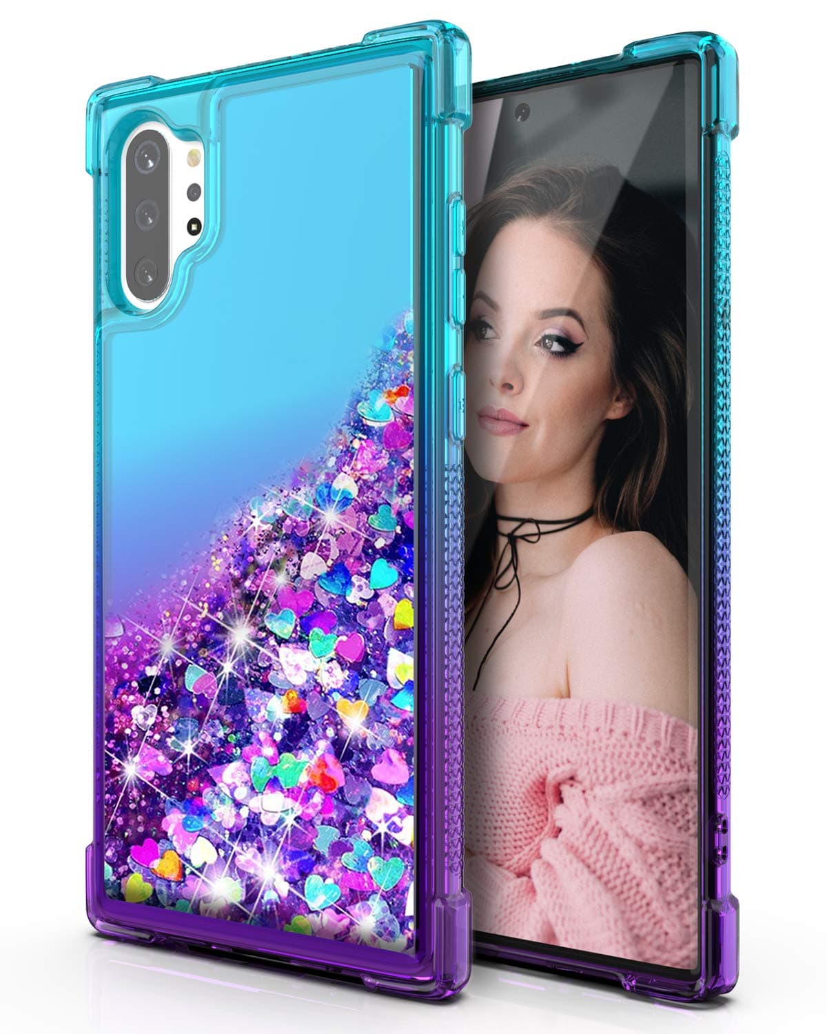 QQCASE Galaxy Note 10 Plus Case,Three Layer Hard Clear Glitter Sparkle 3D Flowing Heavy Duty Sturdy Shockproof Protective Bling Case for Samsung Galaxy Note 10 Plus (2019 Release) Pink