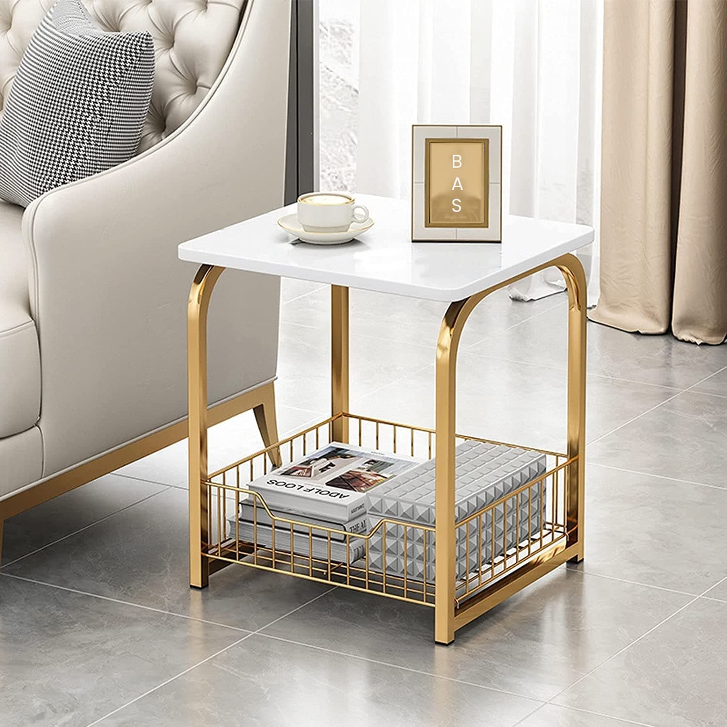 Dime Arts Shoppee Coffee Table Side Table, MDF Metal, with Storage Basket for Living Bedroom Table Laptop Desk Furniture for Living Side End Table for Living Room, Bedroom, Office (Golden & White)