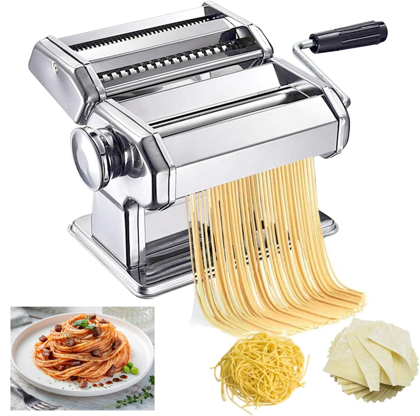 Pasta Rolling Machine, Pasta Machine, 7 Adjustable Thicknesses with 2 Blades, Manual Pasta Rollers with Crank and 2 Cutting Widths for Pasta, Macaroni and Lasagna