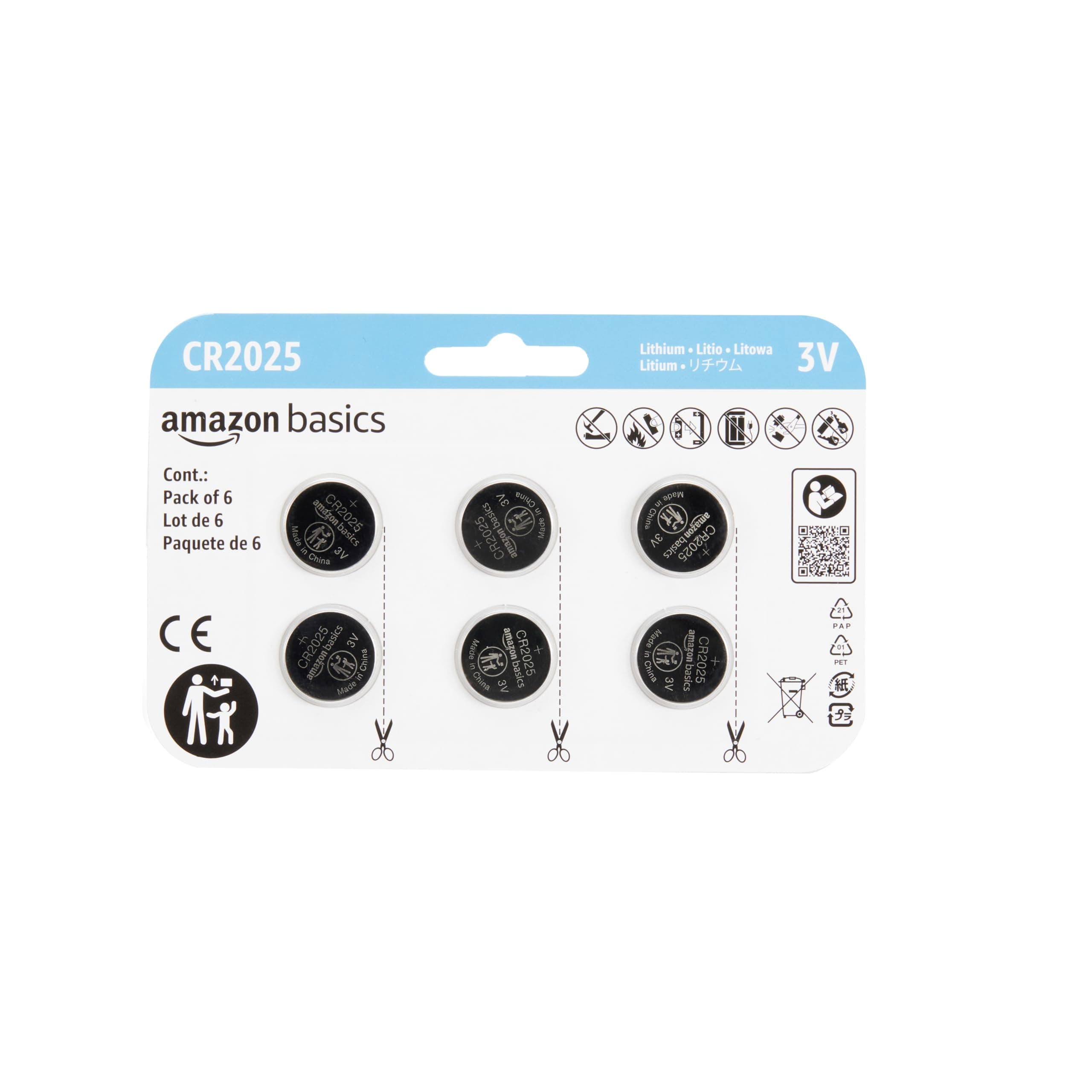 Amazon Basics 6-Pack CR2025 3V Lithium Coin Cell Batteries, Long Lasting Power, Mercury-Free, Child Safety Packaging