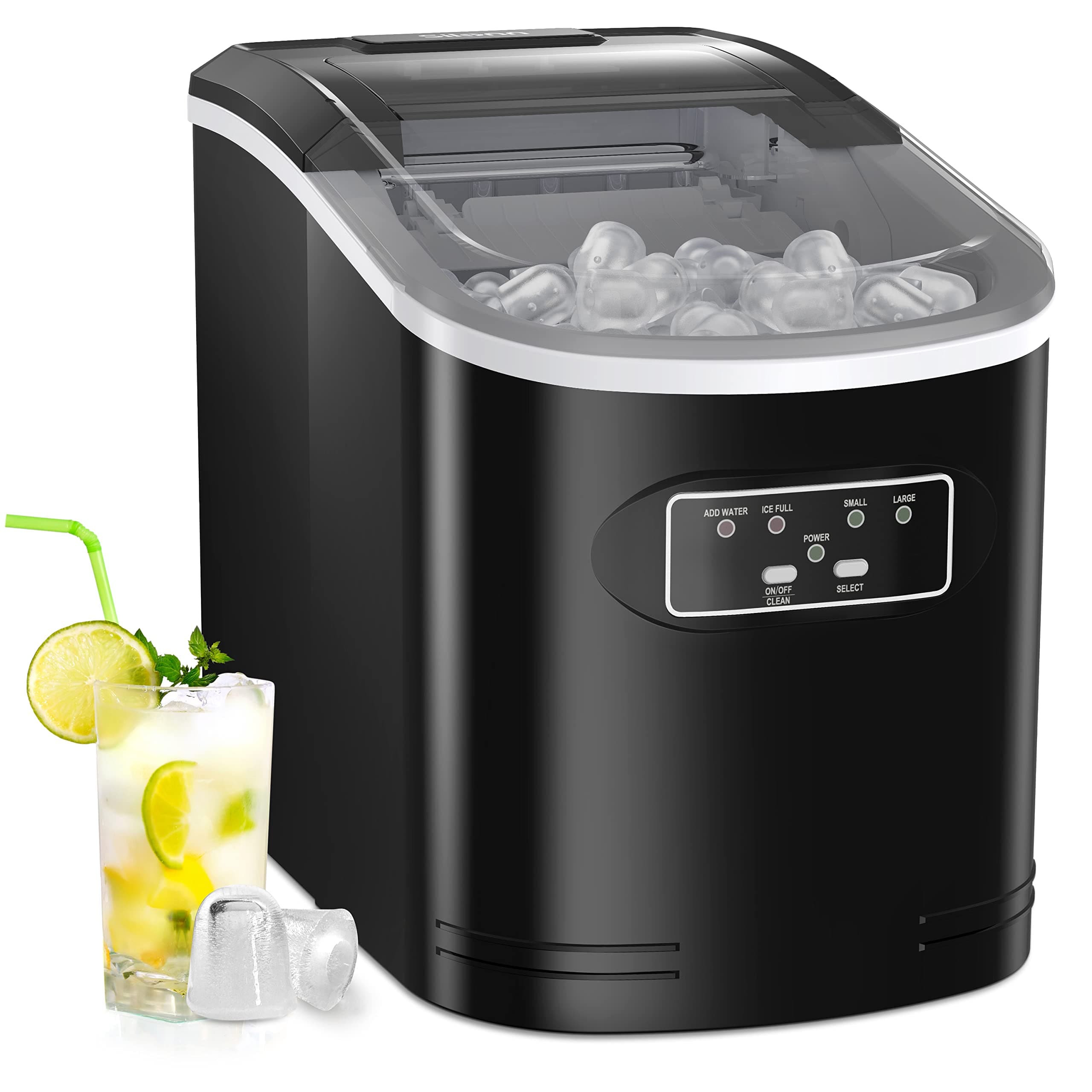 Silonn Countertop Ice Maker Machine with Handle, Portable Ice Makers Countertop, Makes up to 27 lbs. of Ice Per Day, 9 Cubes in 7 Mins, Self-Cleaning Ice Maker with Ice Scoop and Basket