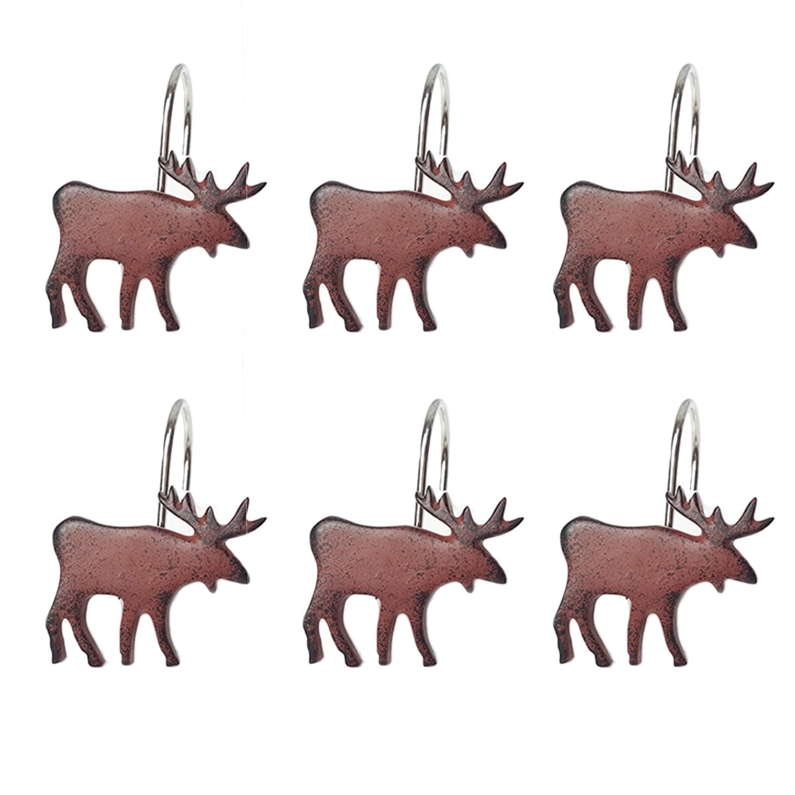 Rustic Elk Moose Deer Shower Curtain Hooks Anti Rust Decorative Resin Hooks Vintage Animal Countryside Farmhouse Style Bathroom Shower Curtain Rings Brown - Set of 12