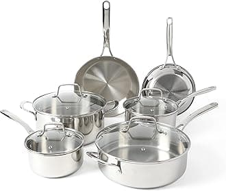 Martha Stewart Castelle 10 Piece 18/8 Durable Stainless Steel Induction Safe Non-Toxic Triply Bottom Kitchen Pots and Pans Cookware Set - Dishwasher Safe