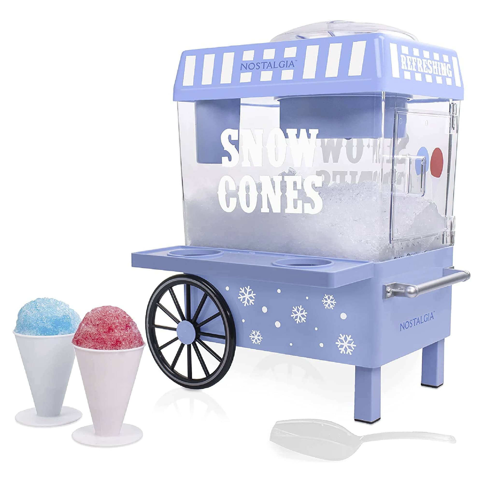 Nostalgia Snow Cone Shaved Ice Maker - Retro Tabletop Slush Machine Makes 20 ICY Treats - Includes 2 Reusable Plastic Cups and Ice Scoop - Vintage Blue