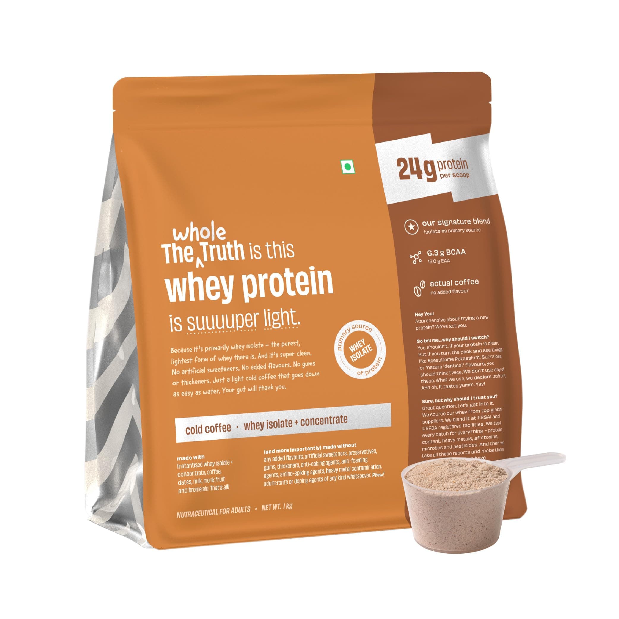 Whey Protein Isolate+Concentrate | Cold Coffee 1 kg (2.2 lbs) | 24g Protein/Scoop | 6.6g BCAA | 100% Authentic Whey & No Adulteration | Clean, Light & Easy to Digest | Vegetarian