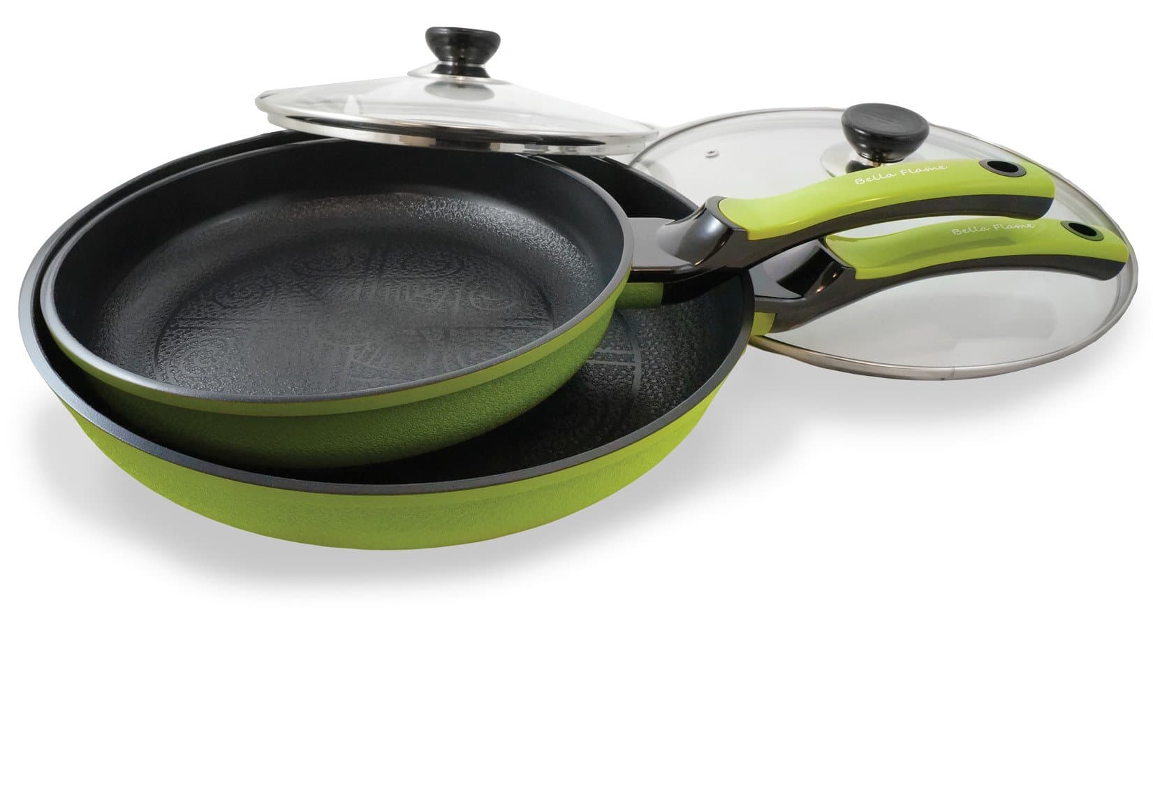Bella Flame 4-piece Cookware Set, 12" and 9.5" Green Ceramic Coated Nonstick Fry Pans w/Glass Lids, Floral Pattern Texture, Beautiful & Elegant Design, Nano Ceramic Coating (100% PTFE & PFOA Free)