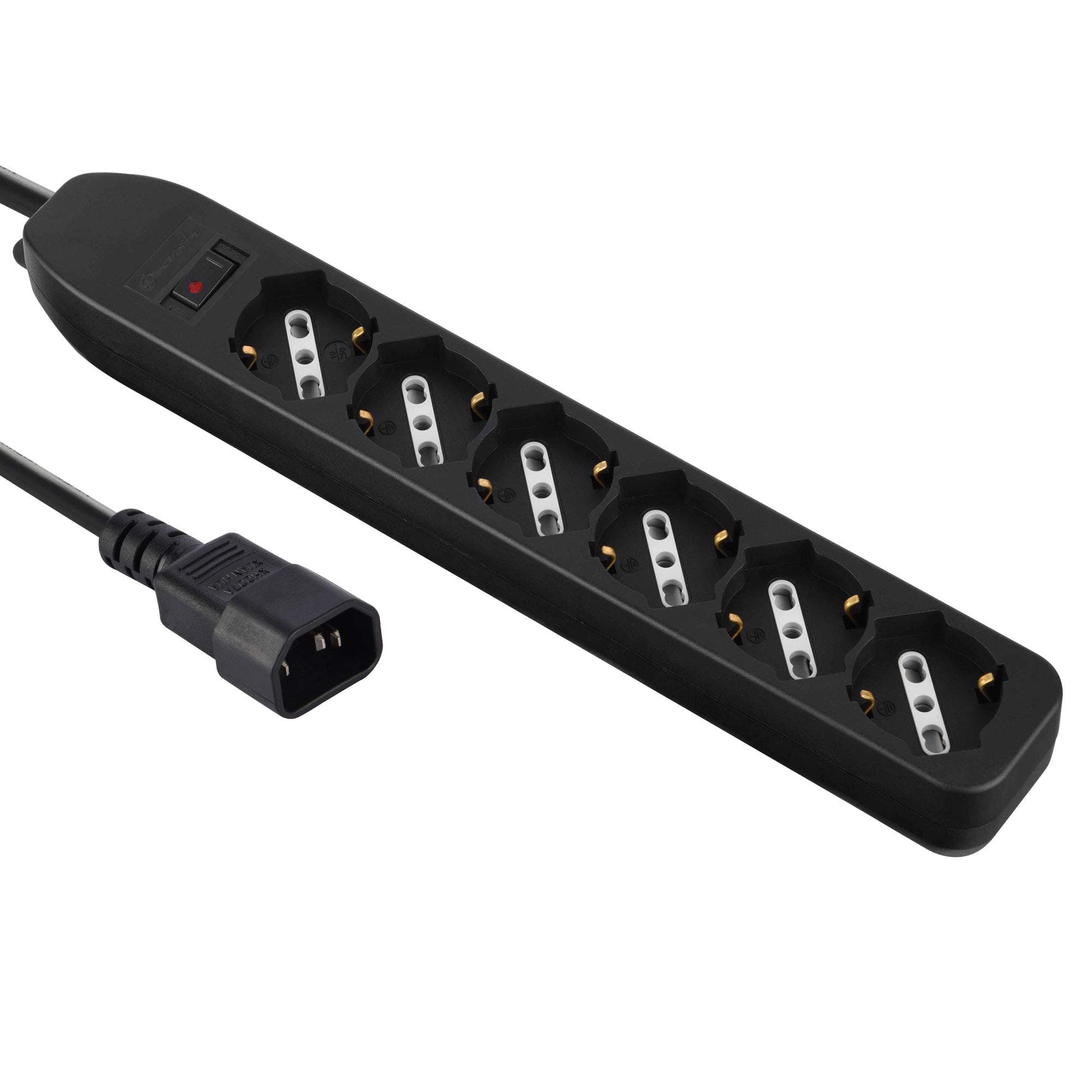 Electraline 62067 Multi-Socket with 6 Bivalent 10/16A Sockets with Safety Switch, IEC C14 Input Plug, Cable 1.5 m, Black