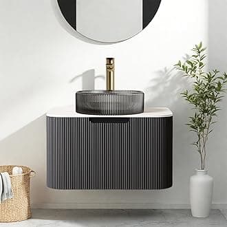 24 Inch Floating Bathroom Vanity with Sink, Modern Bathroom Cabinet with Transparent Black Glass Basin and Ultra-Thin Marble Top, Extra Large Storage Drawer, Soft-Close Design, Gloss Black