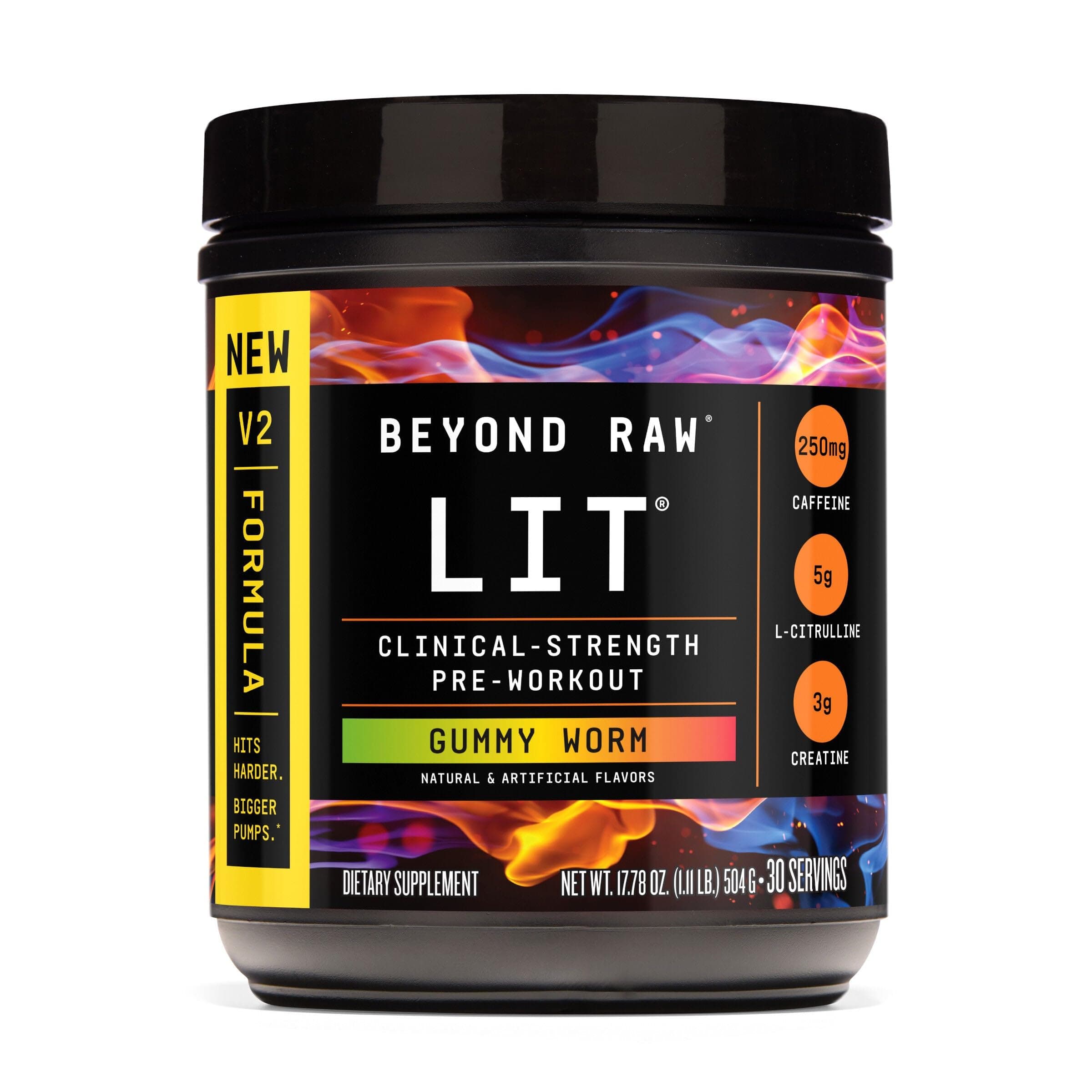 LIT V2 Clinical Strength Pre Workout Powder, Hits Harder, Bigger Pumps, Caffeine, L-Citrulline, Creatine, Gummy Worm, 30 Servings