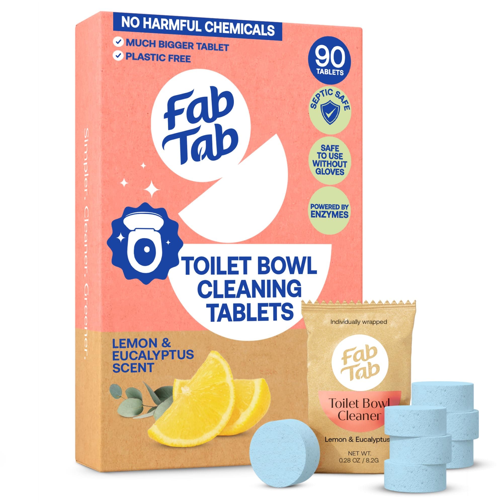 Fab Tab Bowl Cleaning Tablets - Drop-In Formula Removes Rust & Lime Buildup, Lemon Eucalyptus Scent, Septic System Compatible, Individually Wrapped