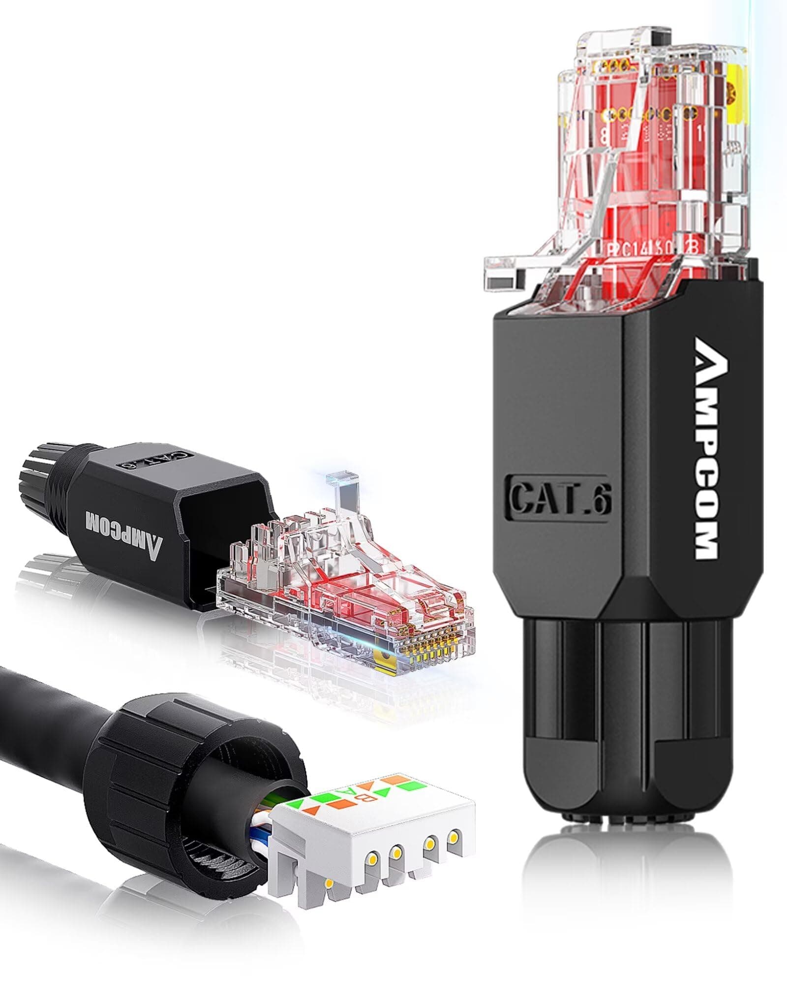 AMPCOM Cat6 Tool Free RJ45 Connector UTP Field Termination Modular Plug for 23-26 AWG Unshielded Ethernet Cable (Black, 12 Pack)